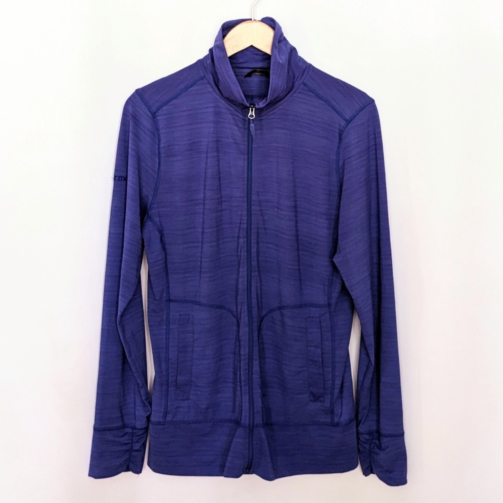 Marmot Jacket Full Zip Warmup High Neck Ruched Sleeve Pockets Blue Purple Large